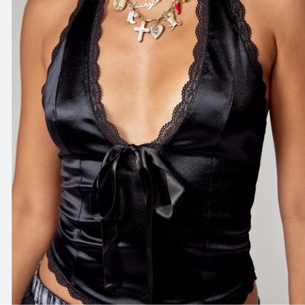 Kimchi Blue Black Lace Trim Satin Halter Top